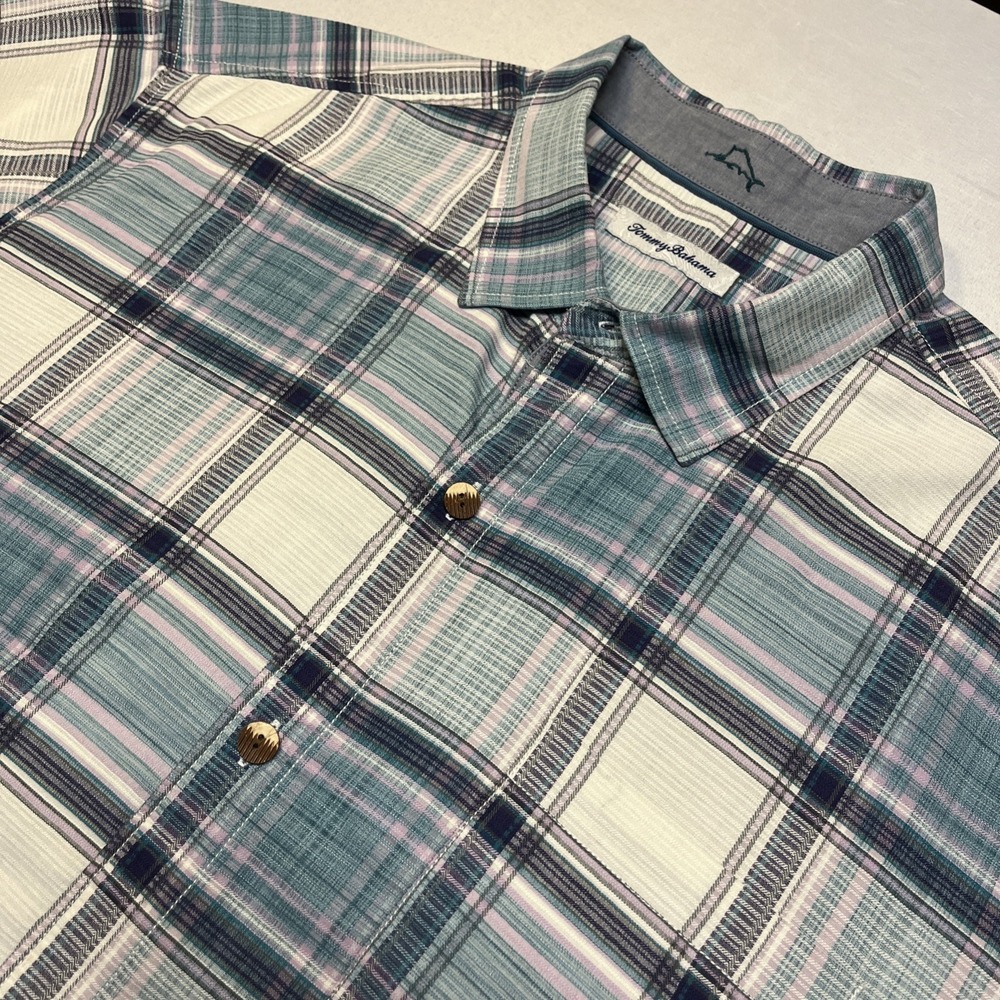 Tommy Bahama Silk Wooden Buttons Blue Plaid Short Sleeve Mens XL